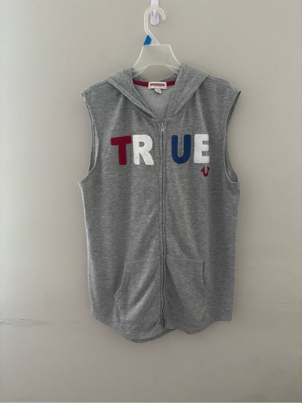 True Religion Grey Sleeveless Hooded Zip-Up with Red White and Blue Lettering XL